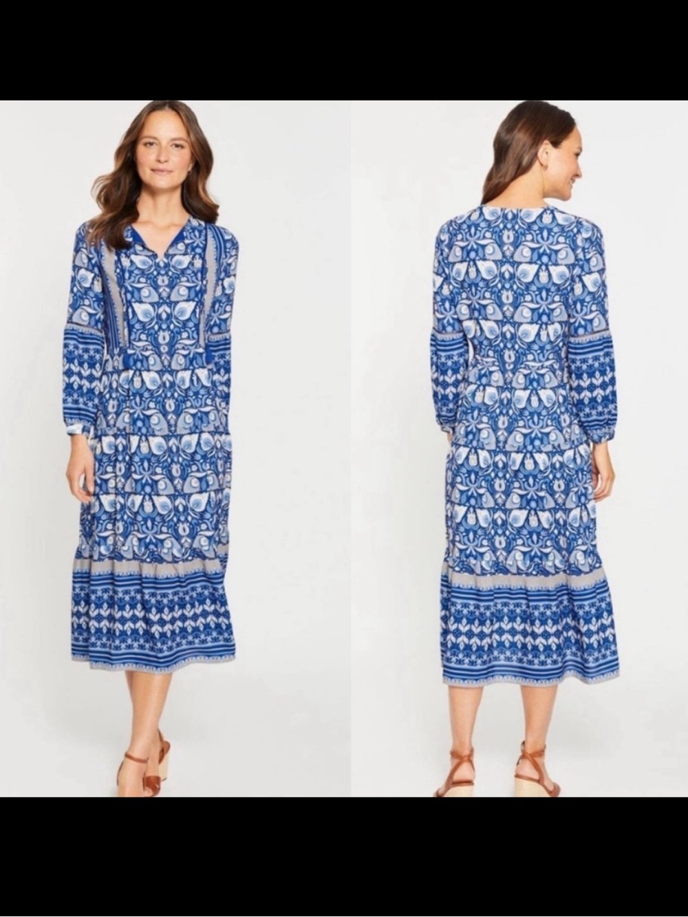 J.McLaughlin Gilda Folk Floral Tassel Midi Dress Boho Size M Resortwear Coastal